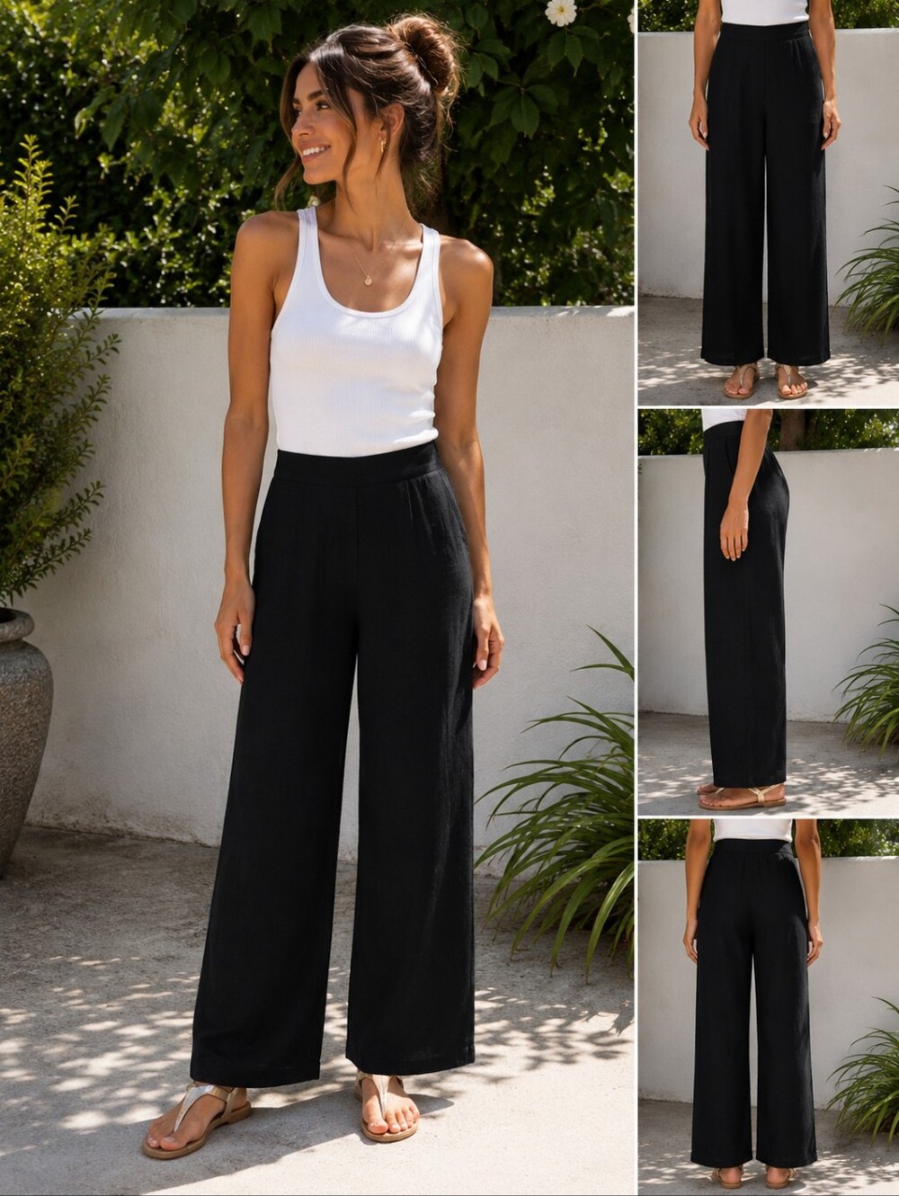 Pantology Black Linen Blend Wide Leg Pants Side Zip Fully Lined 10P